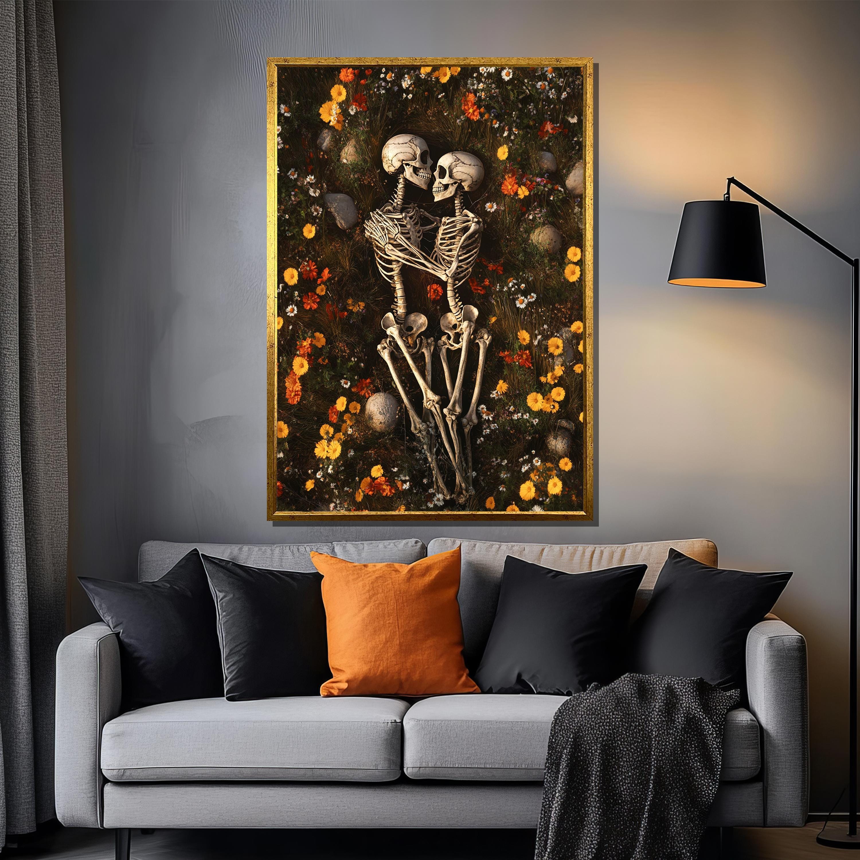 Skeleton Lovers in Floral Field Canvas Painting, Surreal Gothic