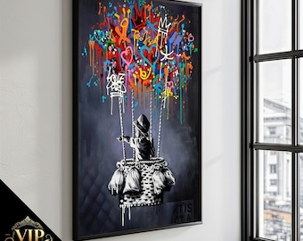 Graffiti en montgolfière inspiré de Banksy - art de rue vibrant sur toile - décoration murale unique pour les amateurs d&#39;art urbain - idée cadeau parfaite