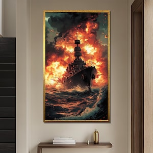 Battleship War Canvas Painting, Epic Naval Battle Wall Art, Fiery Warship Decor, Dramatic Ocean Warfare Print, Military History Gift