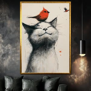 Smiling Cat Canvas Painting, Cute Cat with Bird Wall Art, Whimsical Animal Illustration Print, Playful Feline Home Decor, Cheerful Art Gift