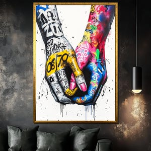 Graffiti Style Holding Hands Canvas Painting - Vibrant Wall Art Gift for Modern Home and Romantic Room Decor, Unique Gift