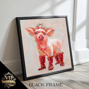 Whimsical Pig with Red Rain Boots and Flower Crown - Adorable Animal Canvas Painting, Perfect Gift for Kids&#39; Room Decor