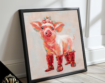 Whimsical Pig with Red Rain Boots and Flower Crown - Adorable Animal Canvas Painting, Perfect Gift for Kids&#39; Room Decor
