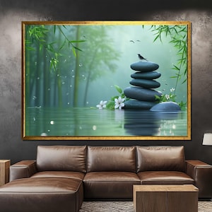 Zen Stones and Bamboo Nature Canvas Painting, Calming Wall Art, Spa Room Decor, Minimalist Meditation Gift, Peaceful Home Print