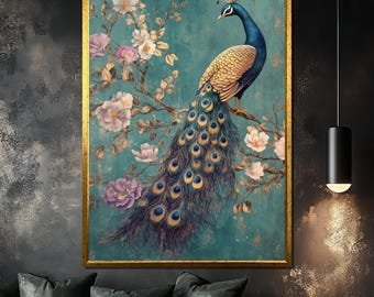 Elegant Peacock Canvas Painting - Floral and Bird Wall Art, Vibrant Nature Decor, Unique Gift for Animal and Art Lovers