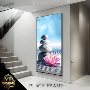 Serene Zen Stones and Lotus Flower Canvas Art - Meditation Space Decor, Calming Art, Tranquil Wall Decor, Framed Canvas