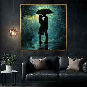 Romantic Couple Under Umbrella Canvas Painting - Moody Rainy Night Artwork - Elegant Wall Art for Bedroom or Living Room, Gift Idea