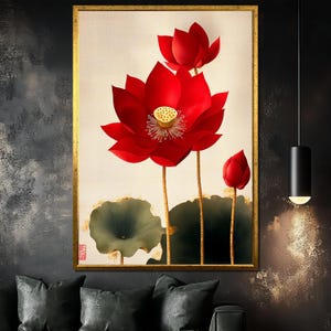Elegant Red Lotus Canvas Painting, Asian-Inspired Floral Wall Art, Minimalist Botanical Home Decor, Unique Gift for Art Lovers