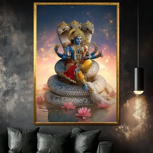 Vishnu Canvas Painting With Serpent, Hindu God Wall Art, Spiritual Lotus Poster, Mythological Indian Decor, Sacred Divine Art Gift