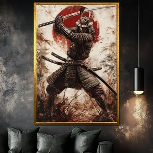 Samurai Warrior Canvas Painting, Japanese Sword Wall Art, Red Sun Artwork, Bold Martial Decor, Gift for Samurai Art Lovers