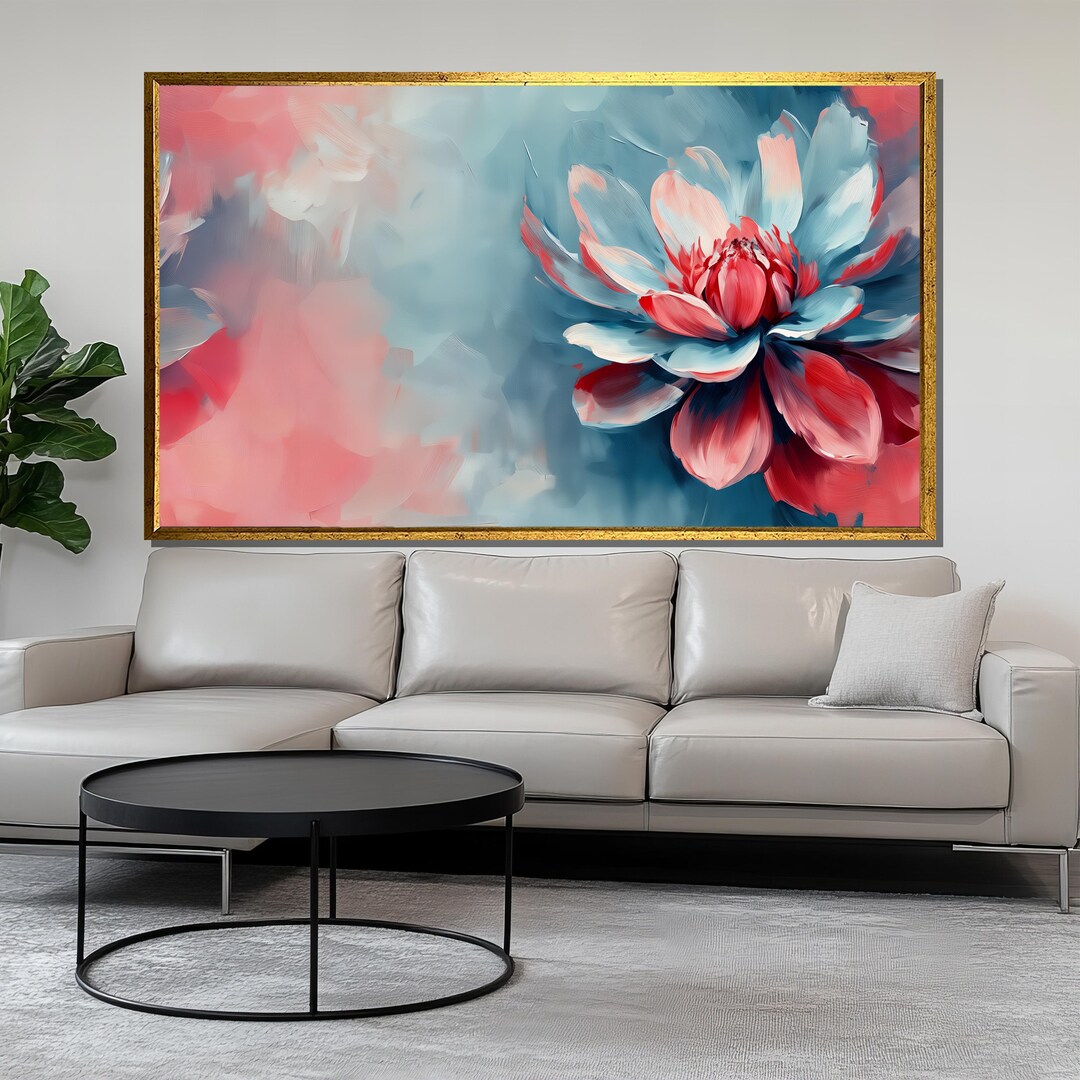Abstract Lotus Flower Canvas Painting, Modern Floral Wall Art, Blue and ...