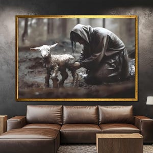 Jesus Rescuing Lamb Canvas Painting, Christian Religious Wall Art, Biblical Shepherd Saving Sheep, Spiritual Faith Home Decor, Unique Gift