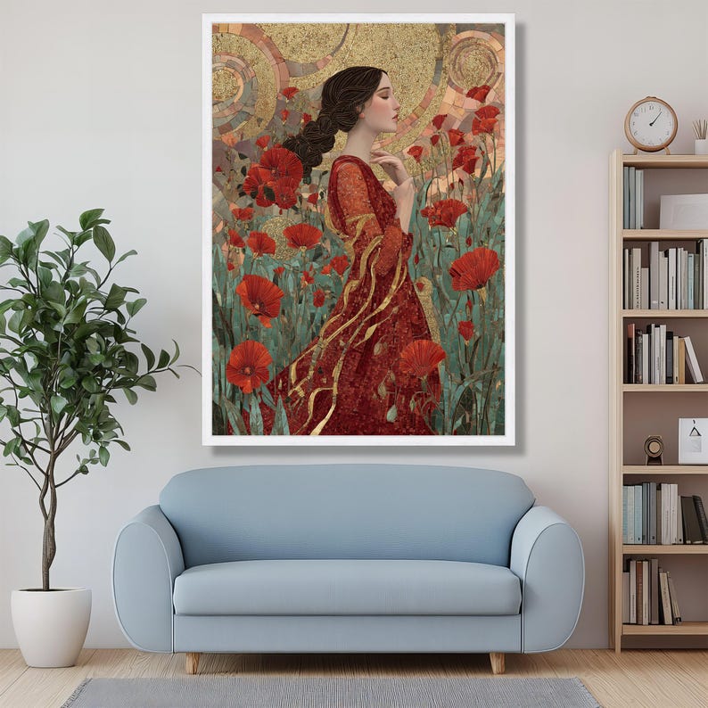 Gustav Klimt Woman in Red Dress Canvas, Floral Mosaic Wall Art, Poppy ...