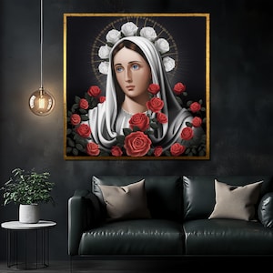 Virgin Mary with Roses Canvas Painting - Religious Wall Art, Christian Home Decor, Christian Gift, Sacred Biblical Artwork