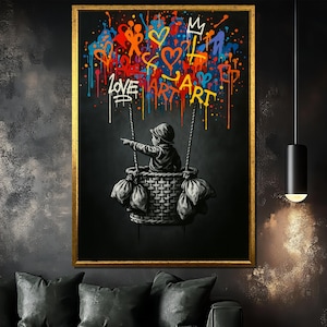 Banksy Balloon Boy Graffiti Canvas Painting, Colorful Street Art Wall Decor, Urban Modern Banksy Art Print, Unique Gift for Art Lovers