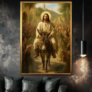 Jesus Triumphal Entry into Jerusalem Canvas Painting, Palm Sunday Religious Wall Art, Holy Week Gift Decor