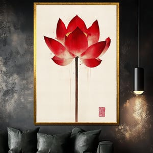 Minimalist Red Lotus Canvas Painting, Elegant Floral Wall Art, Asian-Inspired Botanical Home Decor, Unique Gift for Nature Enthusiasts