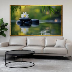Zen Stones and White Lotus Canvas Painting, Calming Nature Wall Art, Spa Room Decor, Minimalist Meditation Print, Peaceful Home Gift