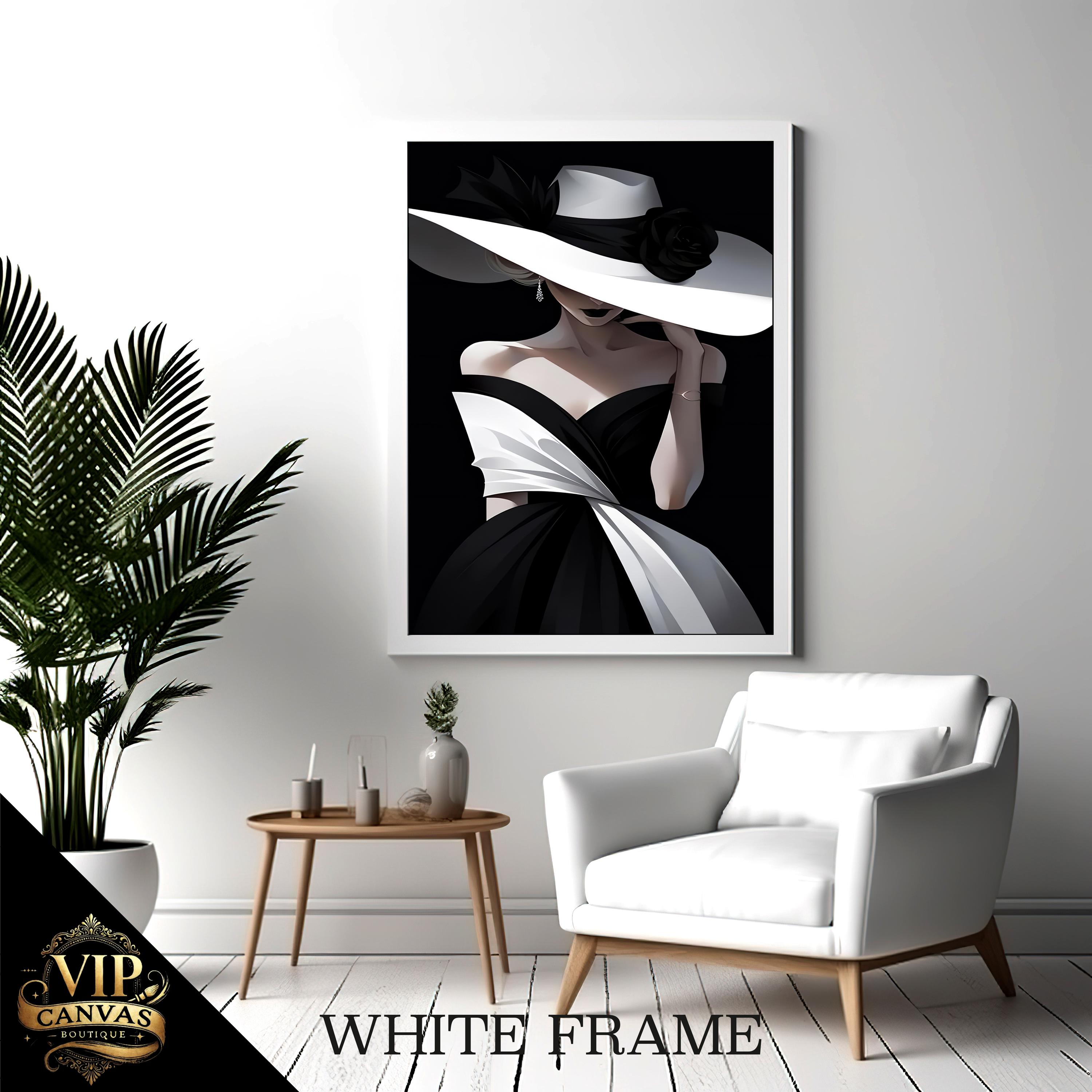 Elegant Woman in Black Dress and White Hat Canvas Painting - Stylish ...
