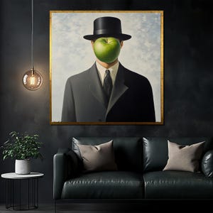 Rene Magritte inspirierte Leinwandgemälde - Der Menschensohn Surreale Wandkunst - Kultiges modernes Dekorationsgeschenk für Kunstliebhaber