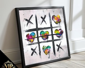 Tic-tac-toe graffiti inspiré de Banksy - Toile d&#39;art urbain coloré, cadeau unique pour une décoration intérieure moderne