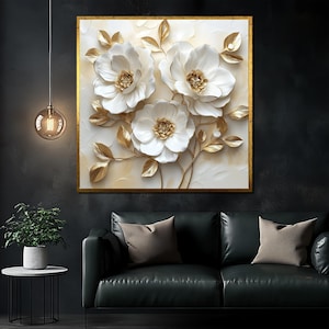 Elegant White and Gold Floral Canvas Painting, Luxury Botanical Wall Art, Modern Home Decor, Unique Gift for Art and Nature Lovers
