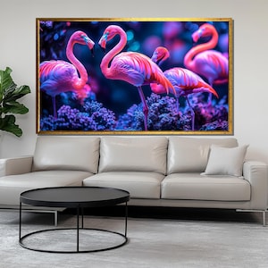 Flamingo Canvas Painting, Vibrant Pink Bird Wall Art for Living Room, Tropical Wildlife Artwork, Colorful Gift for Nature Lovers