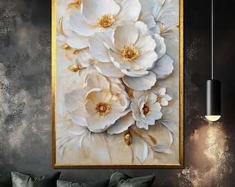 Elegant White Floral 3D Canvas Painting, Gold Accents Botanical Wall Art, Luxury Home Decor, Unique Gift for Art Enthusiasts