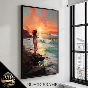 Romantic Beach Sunset - Woman Walking Along the Ocean Shore Canvas Painting, Perfect Gift for Coastal Home Decor