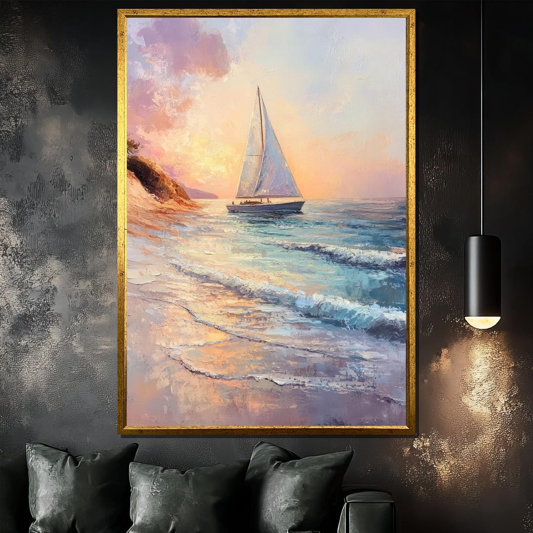 Sailboat Sunset Canvas Painting, Coastal Wall Art Decor, Ocean Waves ...