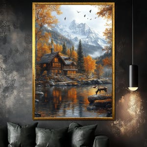 Cabin in the Woods Canvas Painting, Autumn Mountain Wall Art, Rustic Lake House Decor, Scenic Wilderness Artwork, Unique Gift