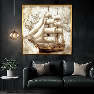 Vintage Schiff Leinwand Gemälde, Kunst Druck, Alte Karte Segeln Kunstdruck, Maritime Dekoration, Geschenkidee, Großes antikes Kunstwerk