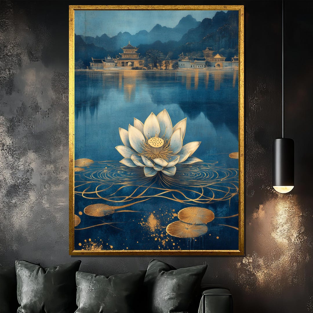 Luxury Lotus Canvas Painting, Blue and Gold Floral Wall Art With Asian ...