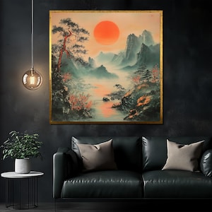 Oriental Landscape Canvas Painting, Red Sun and Mountains Wall Art, Traditional Asian Nature Decor, Unique Gift for Home or Office