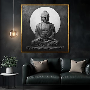 Buddha Schwarzweiß Gemälde, Minimalistische Meditation Wandkunst, Zen Raum Dekor, spirituelles Geschenk, Heiliger Buddha Kunstdruck