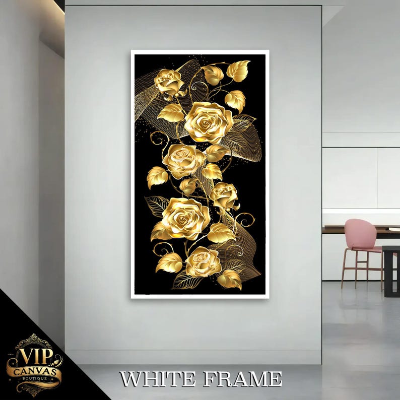 Luxurious Golden Roses Canvas Painting - Elegant Floral Wall Art for ...