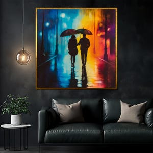 Vibrant Couple Canvas Painting with Umbrella in the Night Rain - Romantic Wall Art Gift for Lovers and Modern Home Decor
