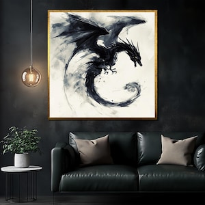 Black Dragon Canvas Painting, Fantasy Gothic Wall Art for Game Room or Office, Powerful Dark Creature Artwork, Unique Gift for Him