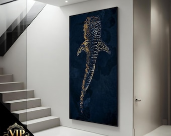 Luxury Whale Shark Canvas Painting – Navy and Gold Ocean Wall Art, Elegant Marine Decor, Framed Canvas Print, Ready to Hang