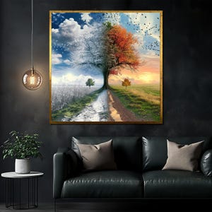 Four Seasons Tree Canvas Painting, Nature Landscape Wall Art for Living Room or Office, Symbolic Seasonal Artwork, Unique Gift for Home