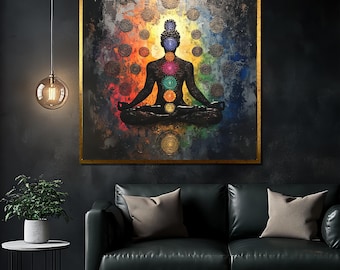 Chakra Meditation Canvas Painting, Vibrant Silhouette Wall Art, Spiritual Zen Room Decor, Yoga Home Gift, Peaceful Energy Art Print