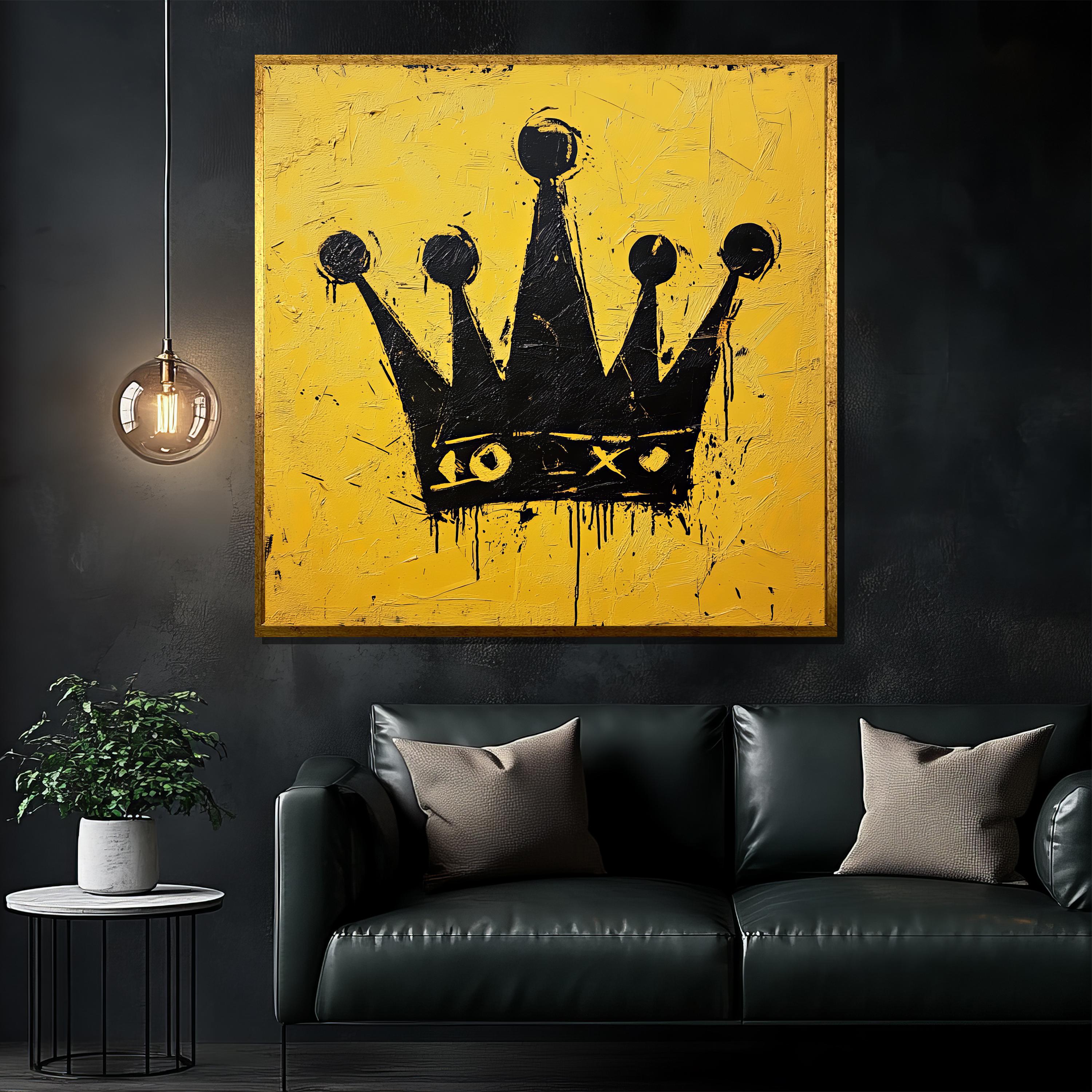 Peinture sur toile couronne graffiti, décoration murale street art jaune audacieux pour intérieurs modernes, oeuvre d'art de style urbain pop art, cadeau d'art unique