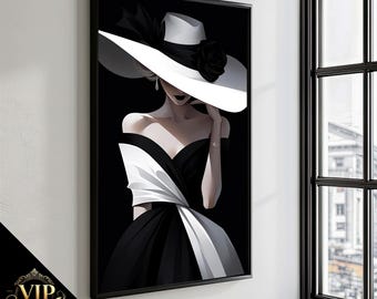 Elegant Woman in Black Dress and White Hat Canvas Painting - Stylish Home Decor and Perfect Gift