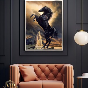 Majestic Black Stallion Canvas Painting – Dramatic Horse Art with Stunning Landscape – Perfect Gift for Horse Lovers and Art Enthusiasts