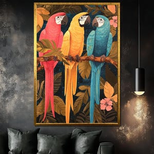 Colorful Parrots Canvas Painting - Tropical Bird Wall Art - Exotic Wildlife Decor Gift - Jungle Art for Living Room, Parrots Canvas