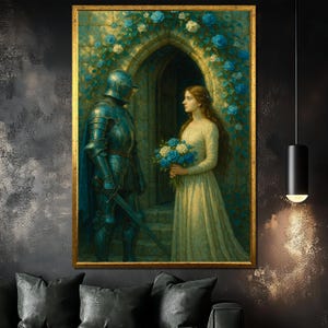Romantic Knight Canvas Painting, Medieval Love Wall Art with Roses, Fantasy Couple Artwork, Fairytale Castle Decor, Unique Art Gift