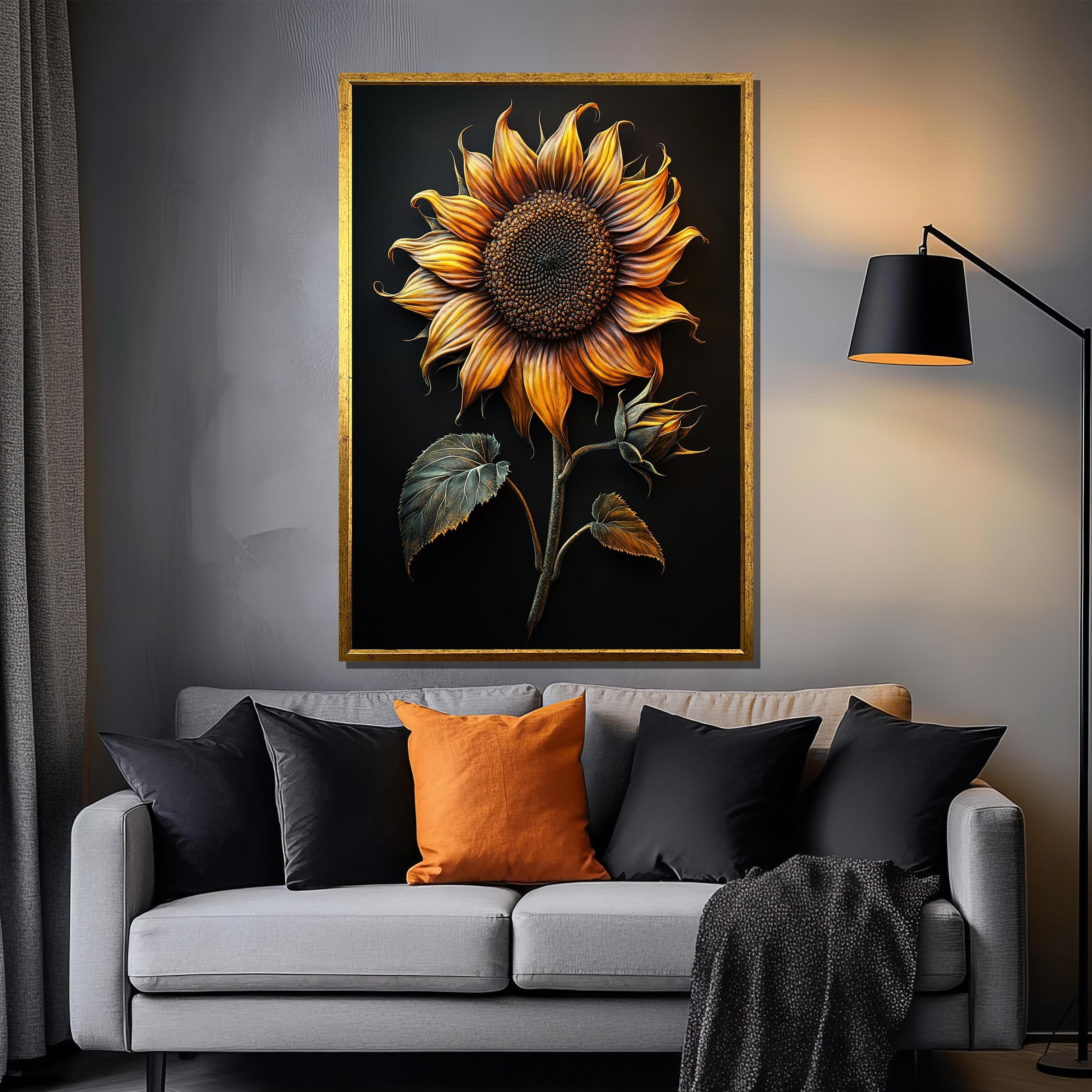 素朴なひまわりのキャンバス画、黒の背景に黄色の花柄の壁アート