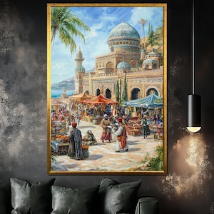 Oriental Market Canvas Painting, Middle Eastern Bazaar Wall Art, Islamic Architecture Artwork, Cultural Decor, Gift for Art Lovers
