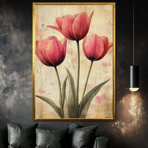 Vintage Tulip Canvas Painting, Red Floral Wall Art with Rustic Charm, Elegant Botanical Home Decor, Unique Gift for Flower Enthusiasts