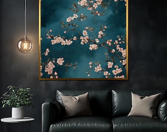 Cherry Blossom Canvas Painting, Pink Floral Wall Art on Teal Background, Elegant Botanical Home Decor, Unique Gift for Nature Enthusiasts